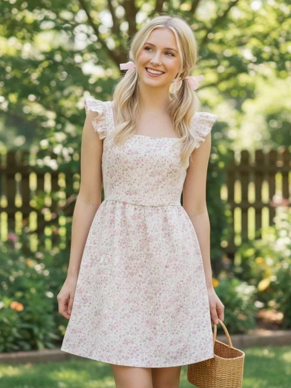 Altar'd State Pink Ditsy Floral Mini Dress Square Neck Ruffle Flutter Sleeve Med